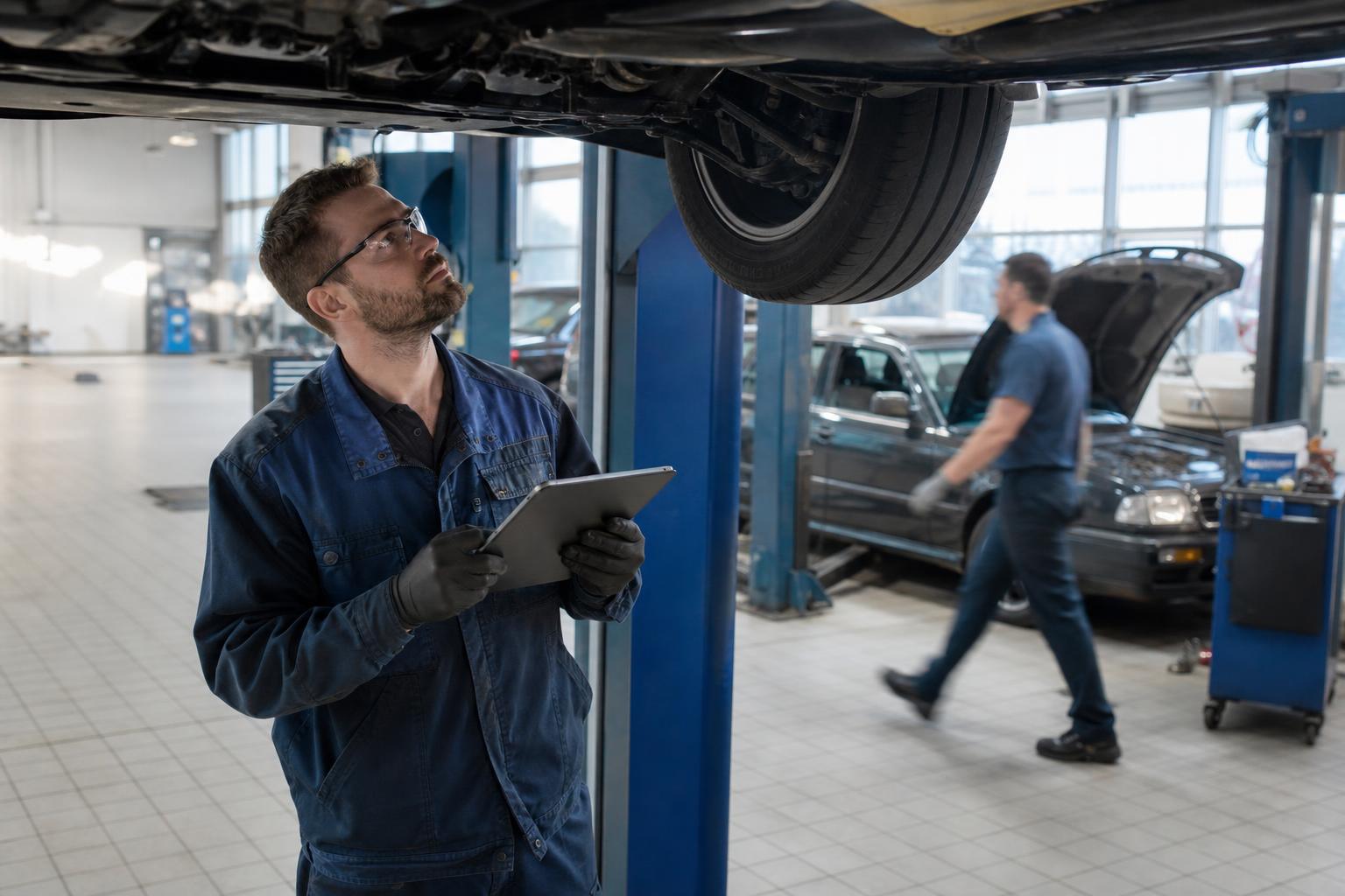 Technician back at work on the shop floor two weeks after a training course, tablet in hand next to a lifted vehicle