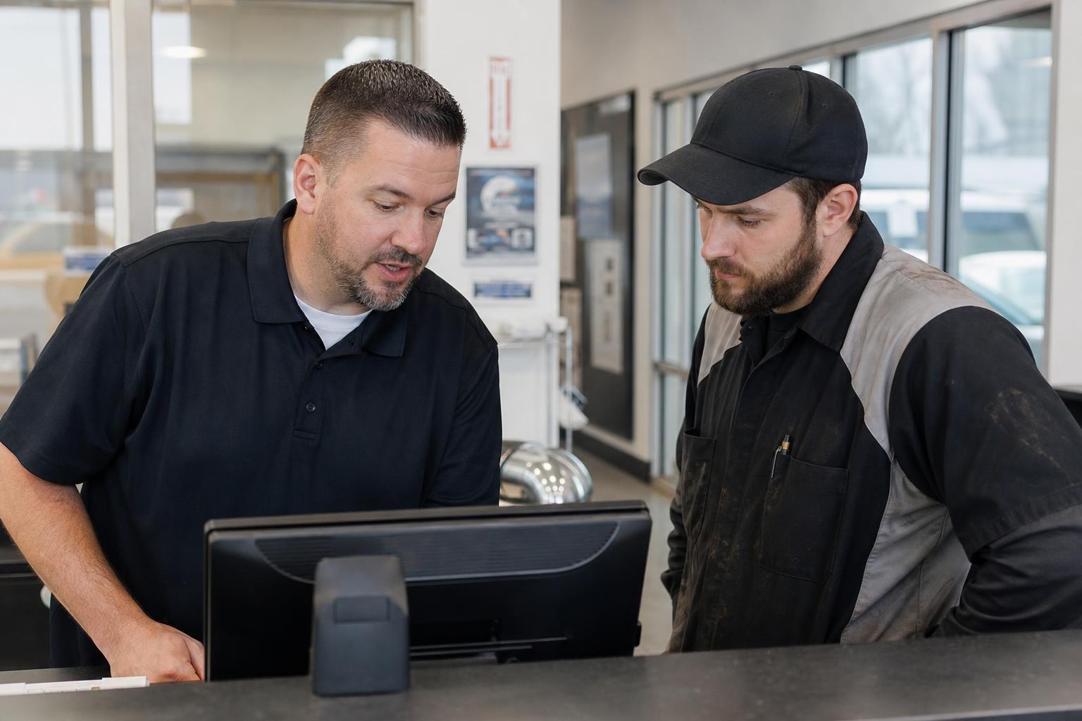 Service advisor and technician discussing a job card at a busy dealership reception counter