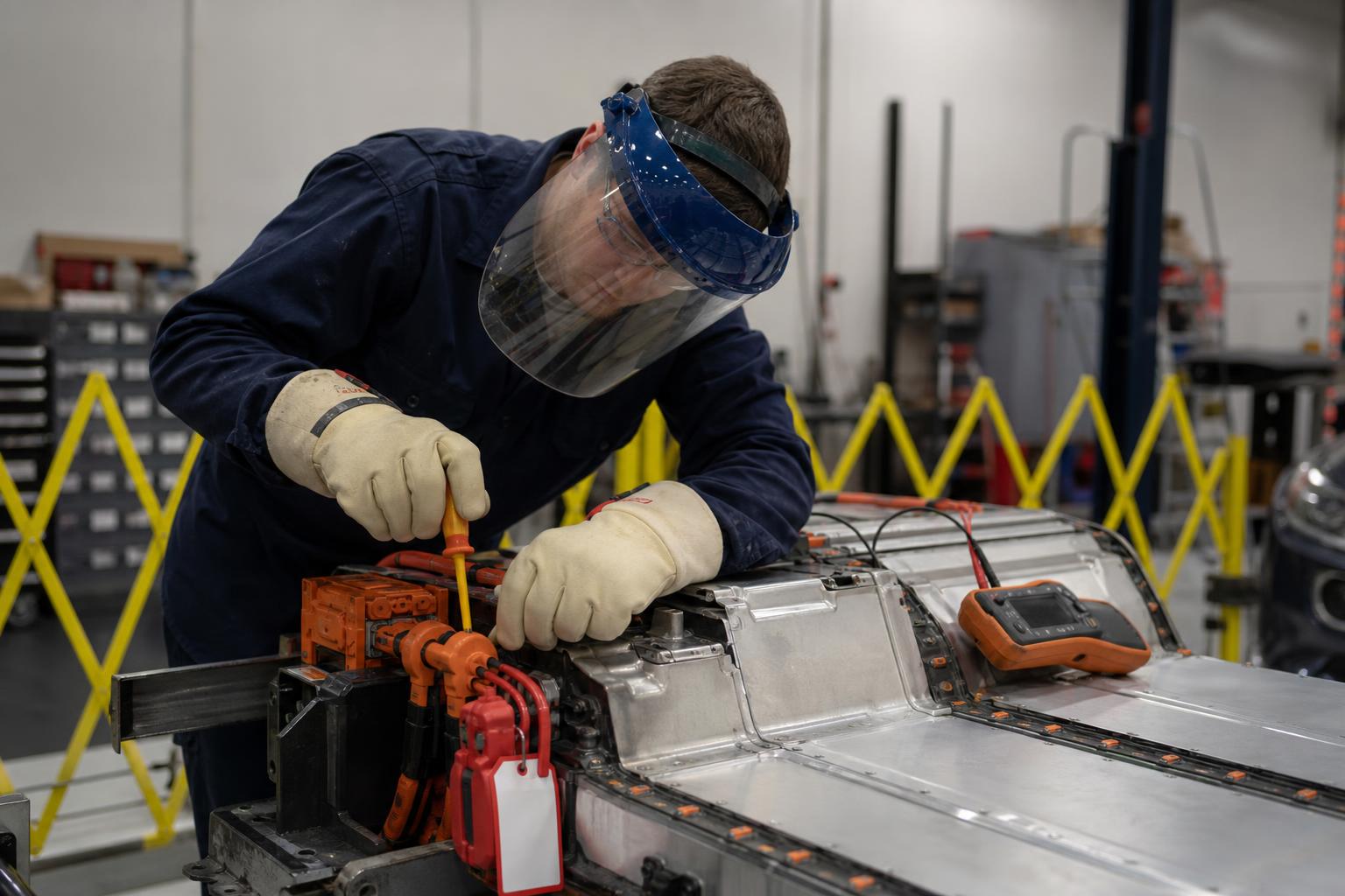 Technician in full high-voltage PPE, insulating gloves with leather overgloves, face shield and arc-rated workwear, working on a de-energized and locked-out high-voltage battery pack behind a safety barrier