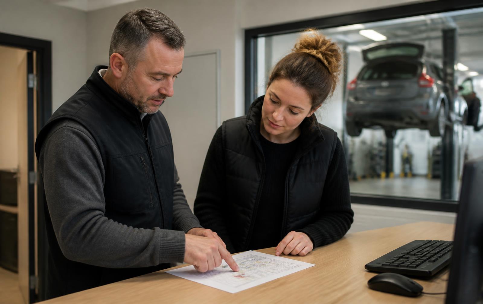 Workshop manager and prevention adviser reviewing a printed annual prevention action plan in a dealership workshop office, with an electric vehicle on a lift visible behind them