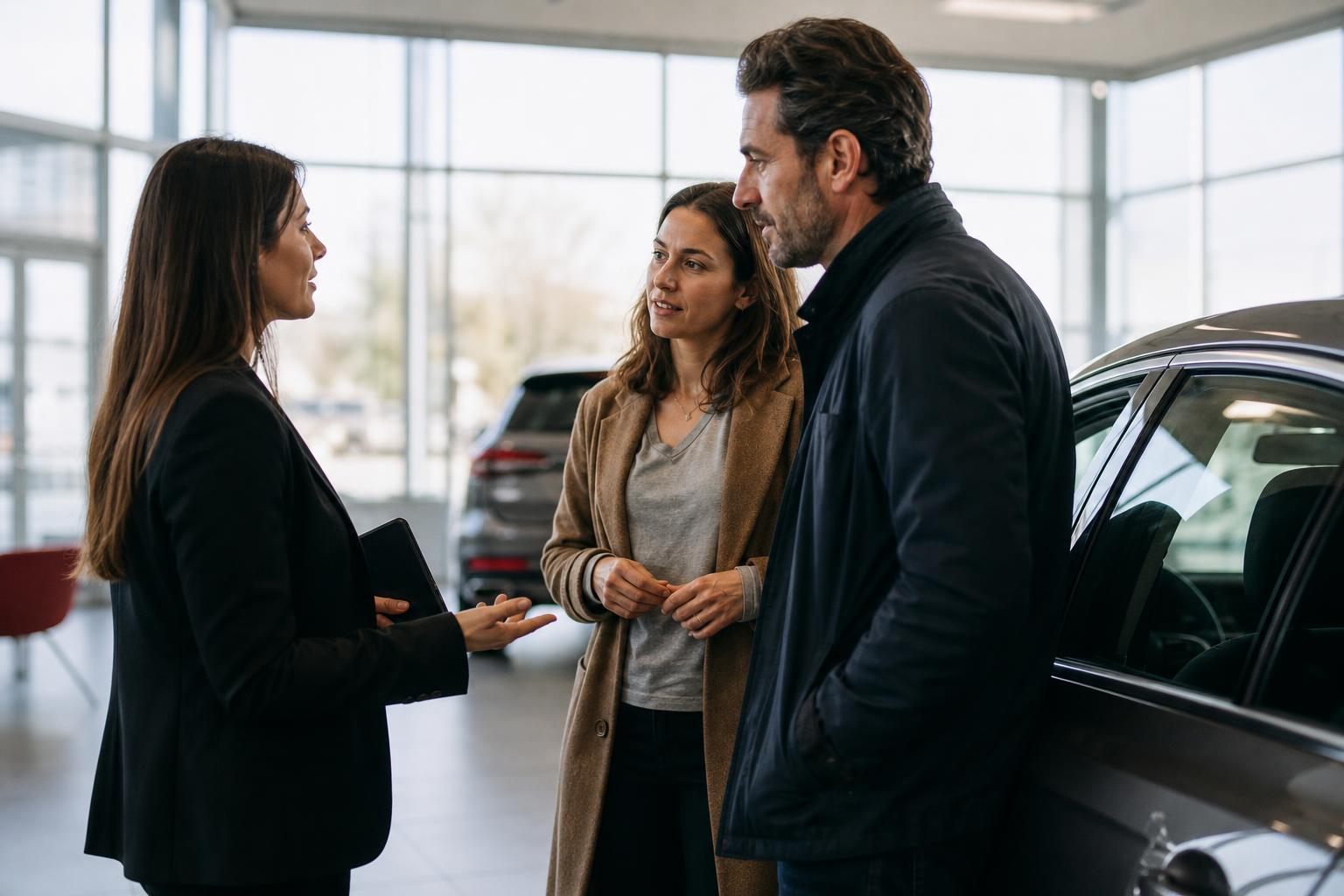 Salesperson listening carefully to a couple beside a car in a dealership showroom