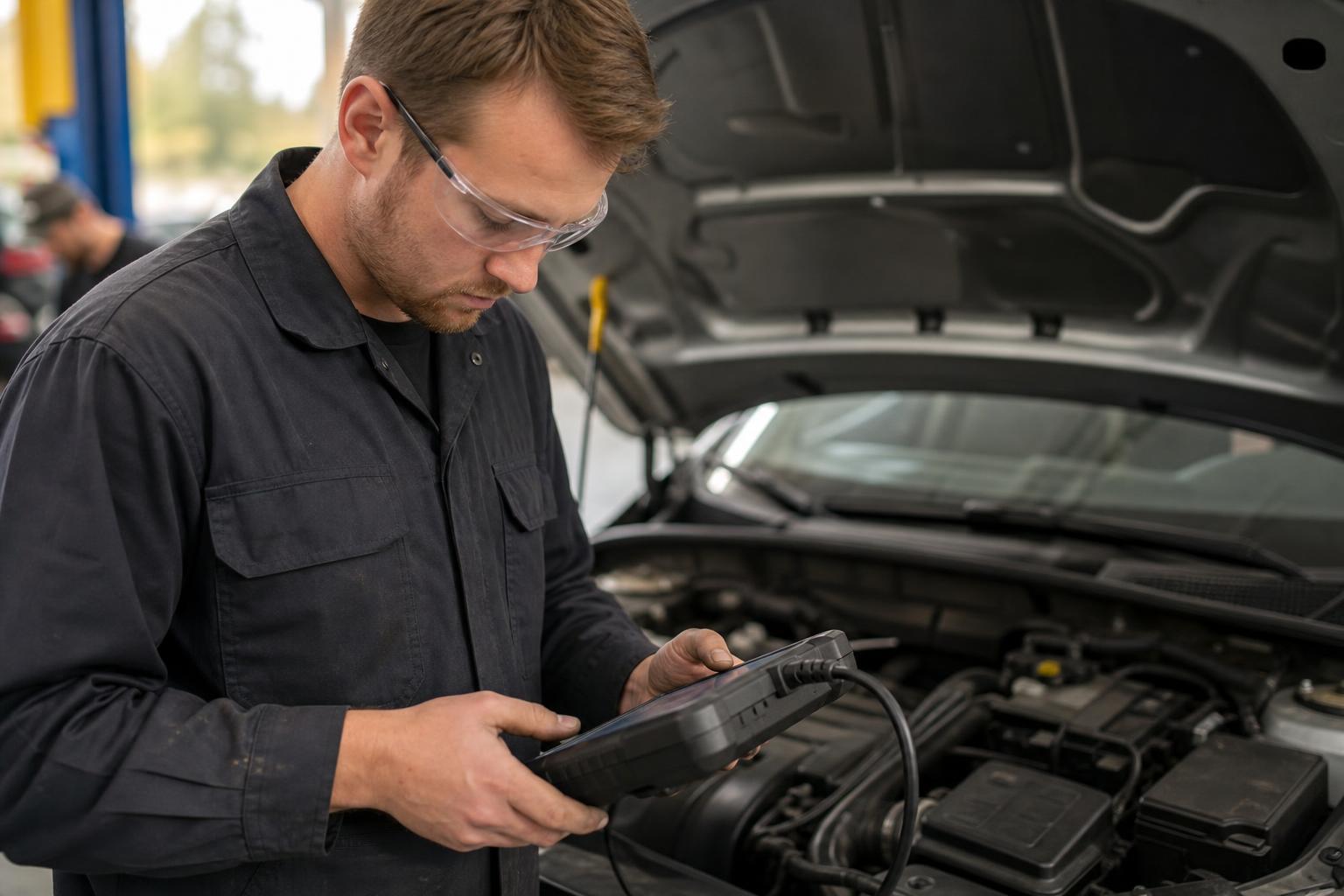 Technician interpreting live measurement data on a diagnostic tool at a vehicle in a training workshop