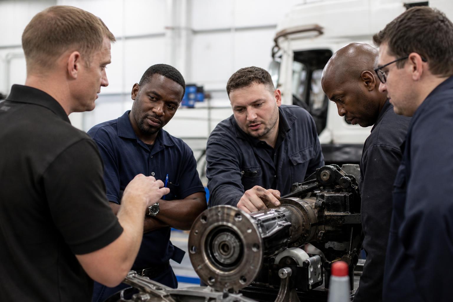 Trainer questioning a small group of technicians gathered around a component on a workbench